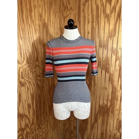Free People Tops - Free People High Neck Knit Fitted 3/4 Sleeve Striped Textured Top S Multi Color